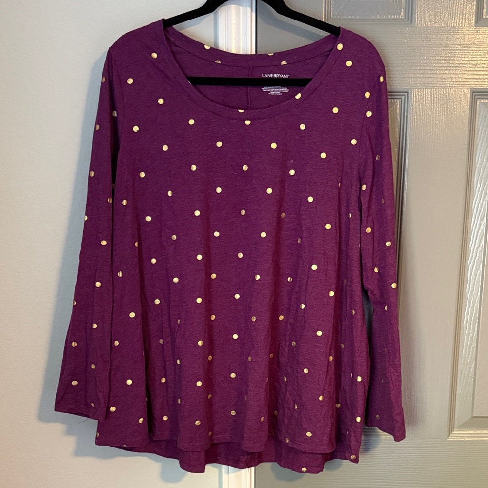 Lane Bryant Purple and Gold Polka Dot Long Sleeve Plus Size Top